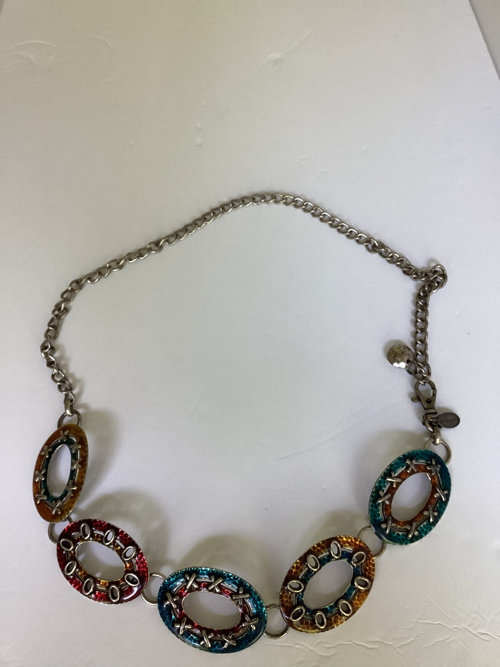 Chico’s Colorful Enamel Link Belt Adjustable Silver Tone Boho Western Medallion